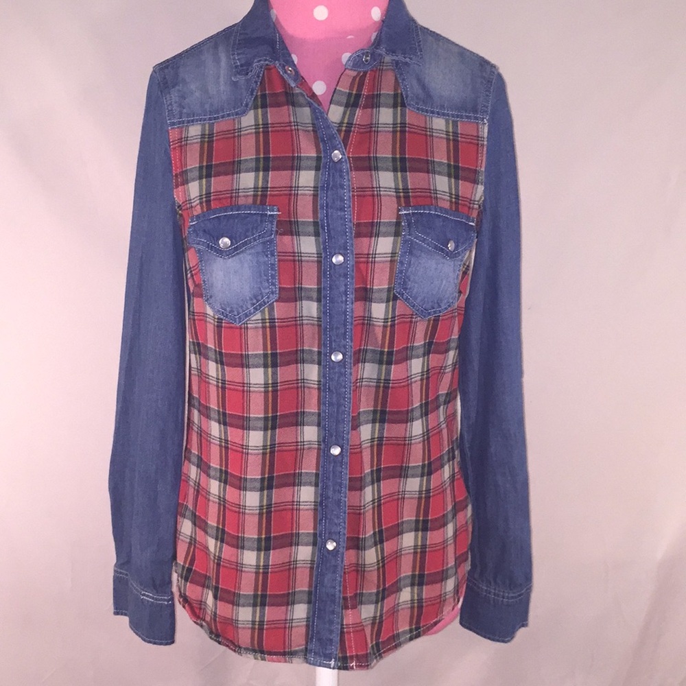 Vanilla Star Sz S cotton plaid/denim button down